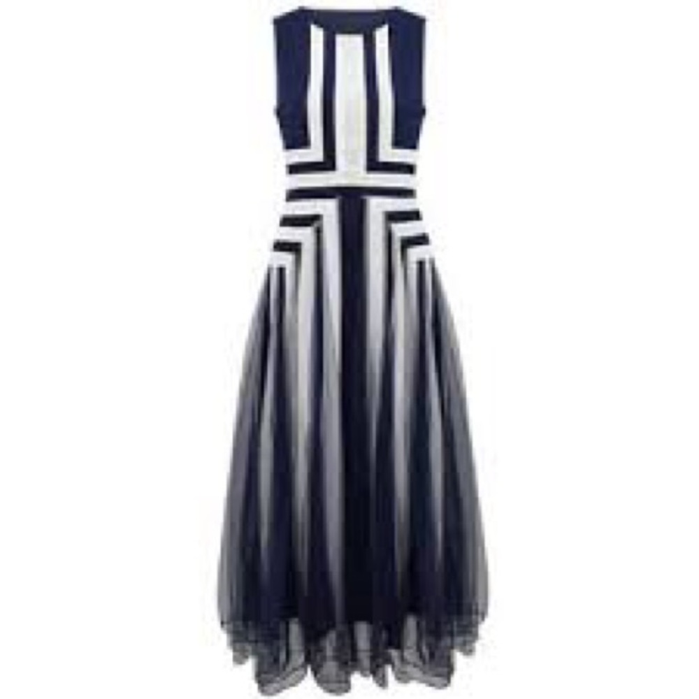 Oasap Blue and White Maxi Dress with Sheer Overlay